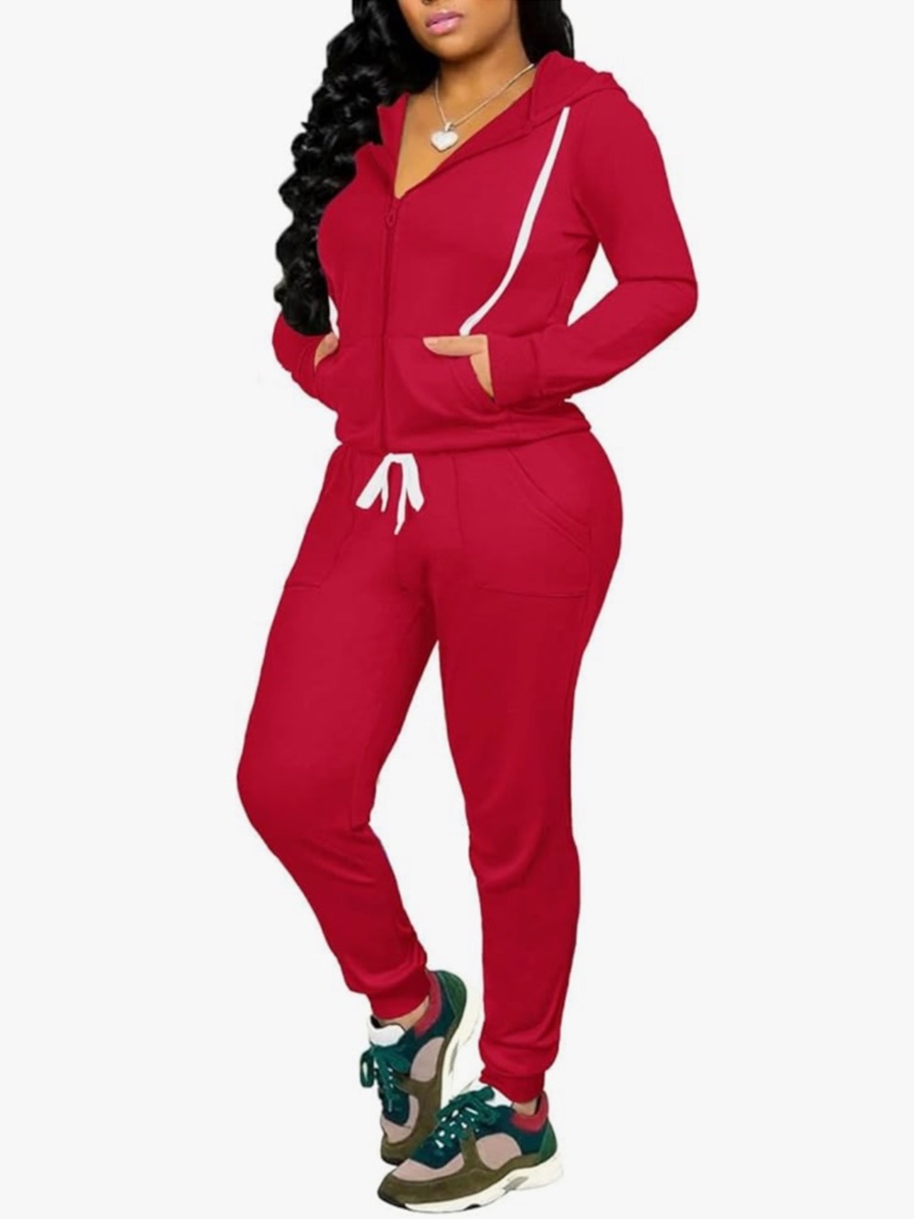 Red 2 Piece Tracksuit Set Zip Hoodie & Jogger Pants Lounge Set - Picture 2 of 5